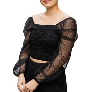 Blashe Crop Top Womens M Black Polka Dot Mesh Puff Sleeve Coquette Whimsigoth